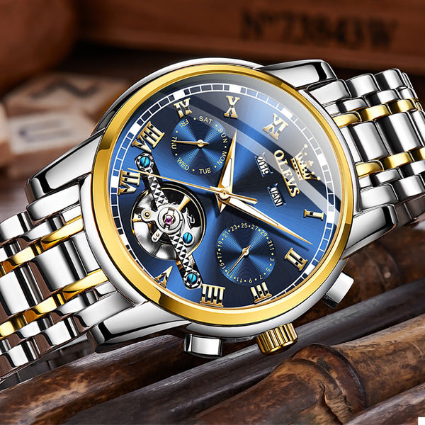 OLVES Automatic Mechanical Business Watch with Calendar, Stainless Steel, and Waterproof Design
